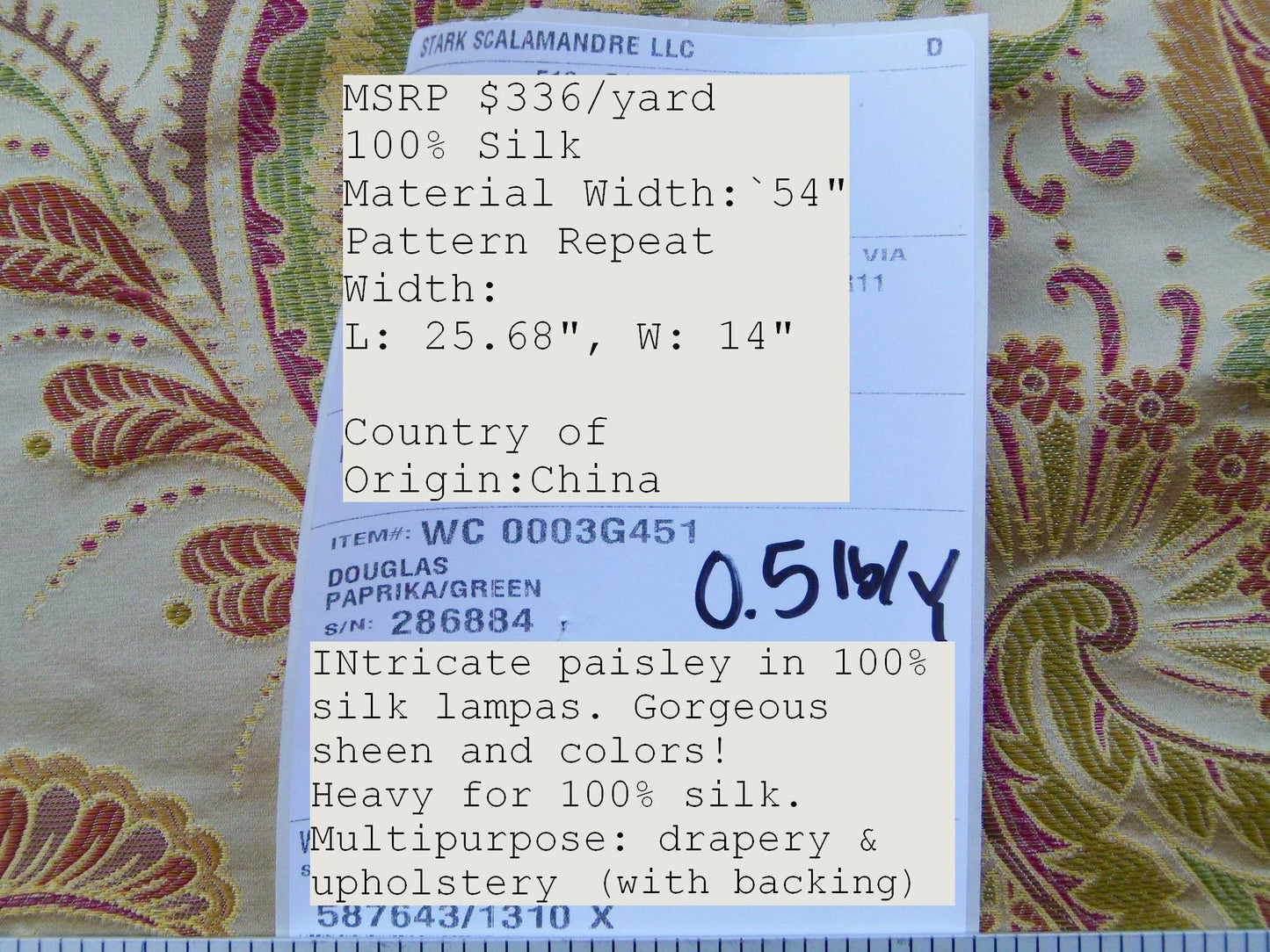 Scalamandre Fonthill Douglas Parprika Silk Paisley Fabric - Red Gold - 1.25 yards