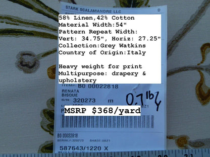 By Yard Renata Bisque Grey Watkins Scalamandre Floral Toile MSRP USD 368/Y
