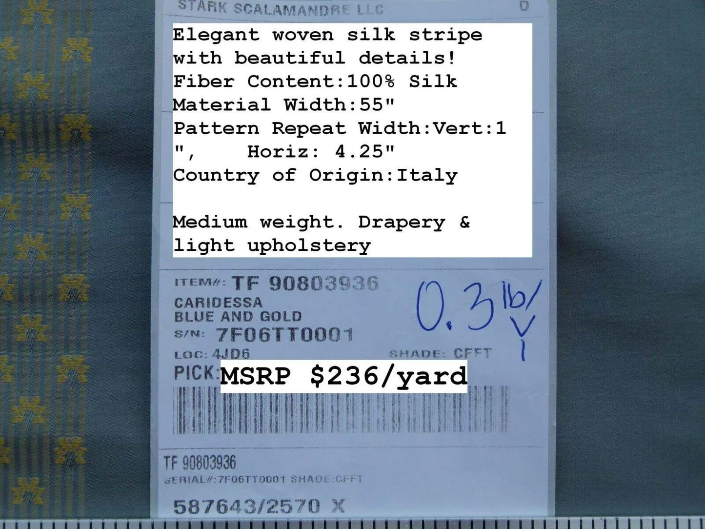 By Yard Scalamandre Caridessa Blue And Gold Yellow Stripe Melodic Silk Jacquard MSRP USD 236/Y