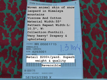 Scalamandre Enchanting Himalaya Red Green Animal Skin Snow Leopard Fonthill Tapestry Heavy!