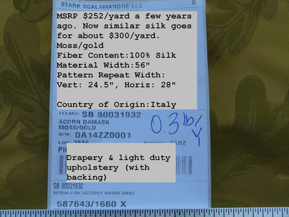 Scalamandre Acorn Damask Moss Gold Green 100% Silk Fr Italy Oak Tree MSRP USD 252 Iridescent Magic ! Old World Weavers