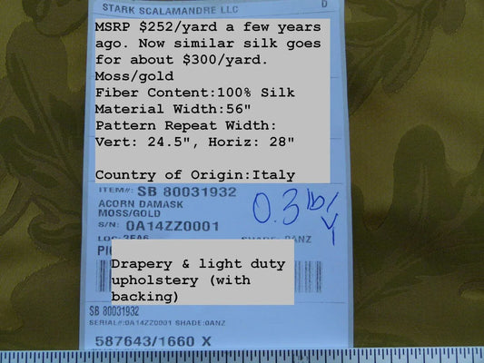 Scalamandre Acorn Damask Moss Gold Green 100% Silk Fr Italy Oak Tree MSRP USD 252 Iridescent Magic ! Old World Weavers