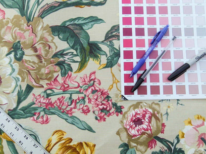 Scalamandre Shelton Garden In Oyster Spring Tulip Peony Hyacinths Lilac Flowers Linen Print Grey Watkins MSRP USD 440/yard Old World Weavers