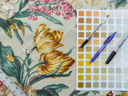 Scalamandre Shelton Garden In Oyster Spring Tulip Peony Hyacinths Lilac Flowers Linen Print Grey Watkins MSRP USD 440/yard Old World Weavers