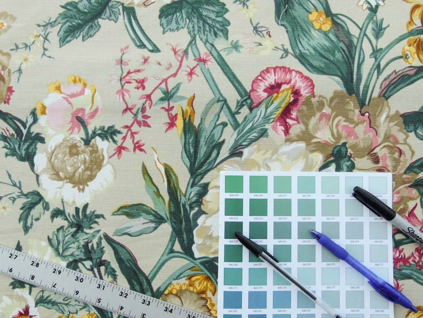 Scalamandre Shelton Garden In Oyster Spring Tulip Peony Hyacinths Lilac Flowers Linen Print Grey Watkins MSRP USD 440/yard Old World Weavers