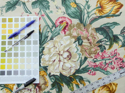 Scalamandre Shelton Garden In Oyster Spring Tulip Peony Hyacinths Lilac Flowers Linen Print Grey Watkins MSRP USD 440/yard Old World Weavers