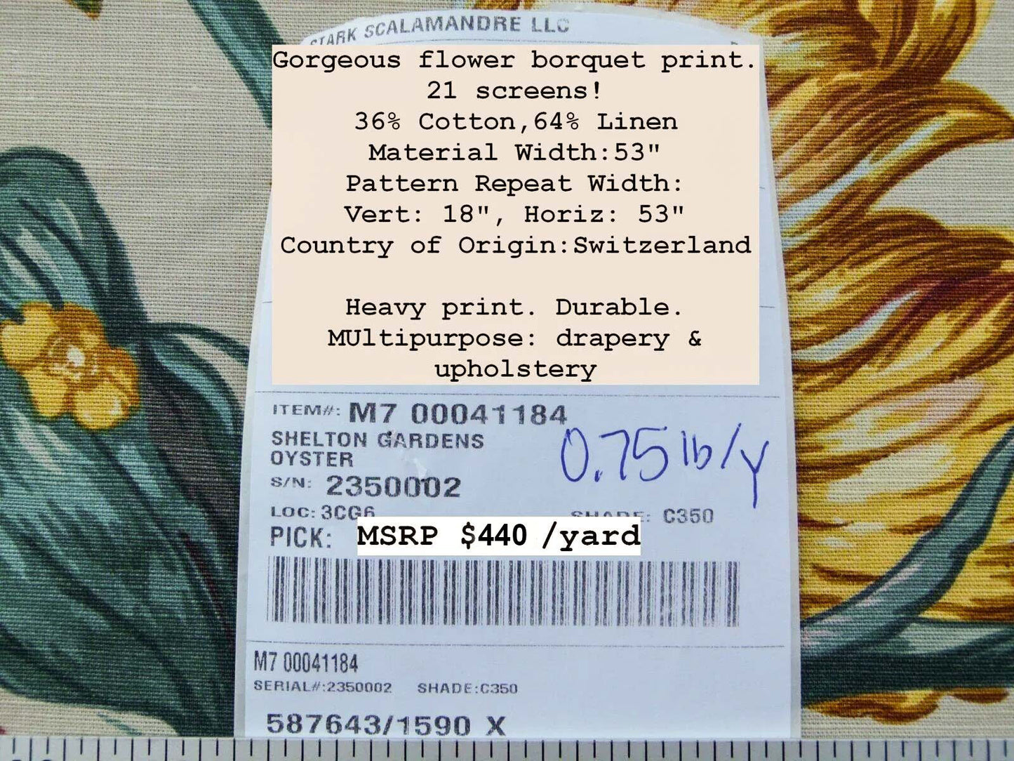 Scalamandre Shelton Garden In Oyster Spring Tulip Peony Hyacinths Lilac Flowers Linen Print Grey Watkins MSRP USD 440/yard Old World Weavers