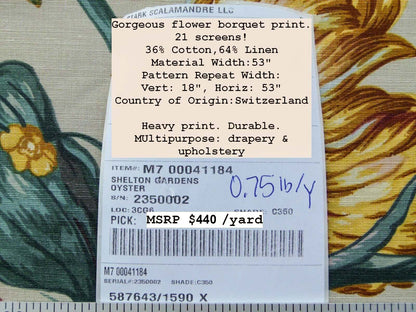 Scalamandre Shelton Garden In Oyster Spring Tulip Peony Hyacinths Lilac Flowers Linen Print Grey Watkins MSRP USD 440/yard Old World Weavers