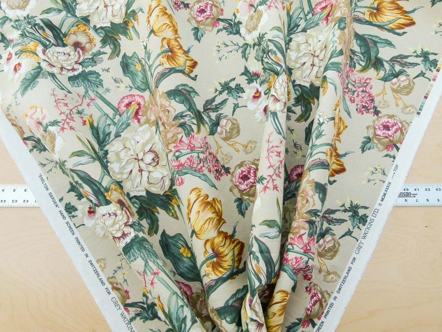 Scalamandre Shelton Garden In Oyster Spring Tulip Peony Hyacinths Lilac Flowers Linen Print Grey Watkins MSRP USD 440/yard Old World Weavers