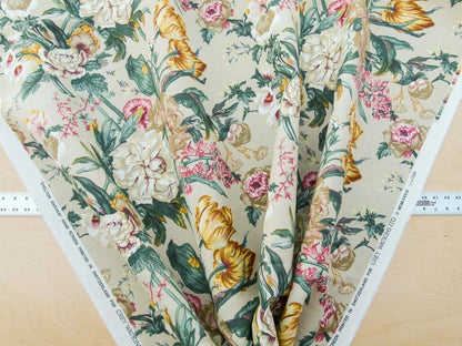 Scalamandre Shelton Garden In Oyster Spring Tulip Peony Hyacinths Lilac Flowers Linen Print Grey Watkins MSRP USD 440/yard Old World Weavers