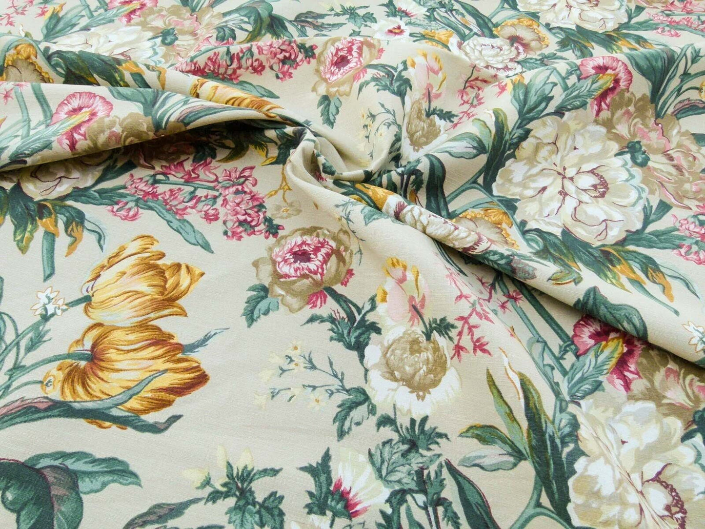 Scalamandre Shelton Garden In Oyster Spring Tulip Peony Hyacinths Lilac Flowers Linen Print Grey Watkins MSRP USD 440/yard Old World Weavers