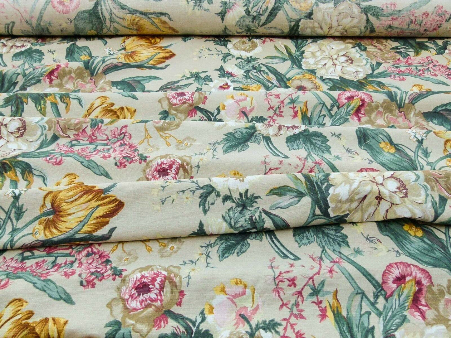 Scalamandre Shelton Garden In Oyster Spring Tulip Peony Hyacinths Lilac Flowers Linen Print Grey Watkins MSRP USD 440/yard Old World Weavers