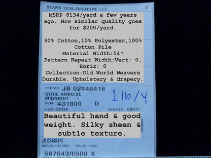 Scalamandre Strie Amboise Midnight Blue Thick Lush Cotton Velvet MSRP USD 196/Yd