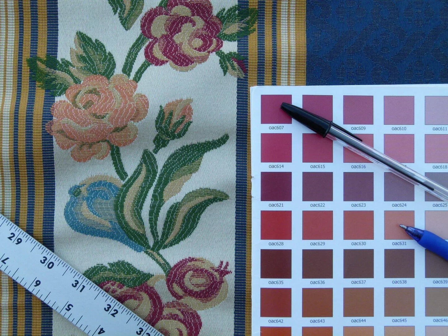 Scalamandre Salerno Grey Watkins Blue Floral Pomegranate Pear Rose Stripe MSRP USD 152/Y