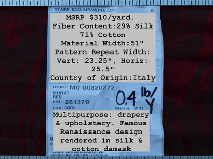 Scalamandre Murat Red Gold Orange Renaissance Old World Weavers Traditional Damask MSRP USD 310/y