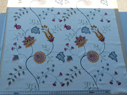 1.5y Scalamandre Mangalore Teal Multi Blue Orange Red On White Embroidery Crewel Linen MSRP USD 240/Y Old World Weavers