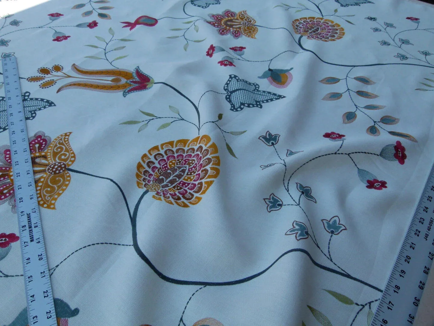 1.25y Scalamandre Mangalore Teal Multi Blue Orange Red On White Embroidery Crewel Linen MSRP USD 240/Y Old World Weavers (copy)