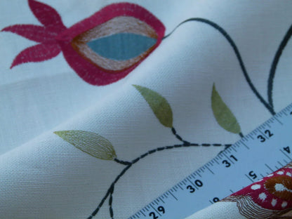 1.5y Scalamandre Mangalore Teal Multi Blue Orange Red On White Embroidery Crewel Linen MSRP USD 240/Y Old World Weavers