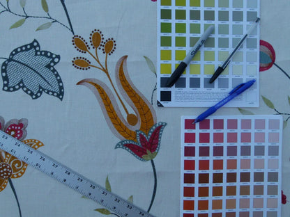 1.5y Scalamandre Mangalore Teal Multi Blue Orange Red On White Embroidery Crewel Linen MSRP USD 240/Y Old World Weavers