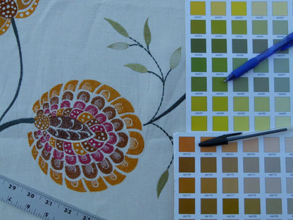 1.5y Scalamandre Mangalore Teal Multi Blue Orange Red On White Embroidery Crewel Linen MSRP USD 240/Y Old World Weavers