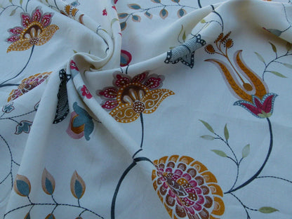 1.5y Scalamandre Mangalore Teal Multi Blue Orange Red On White Embroidery Crewel Linen MSRP USD 240/Y Old World Weavers