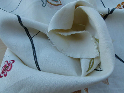 1.5y Scalamandre Mangalore Teal Multi Blue Orange Red On White Embroidery Crewel Linen MSRP USD 240/Y Old World Weavers