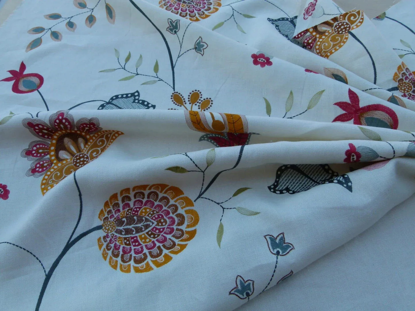 1.5y Scalamandre Mangalore Teal Multi Blue Orange Red On White Embroidery Crewel Linen MSRP USD 240/Y Old World Weavers