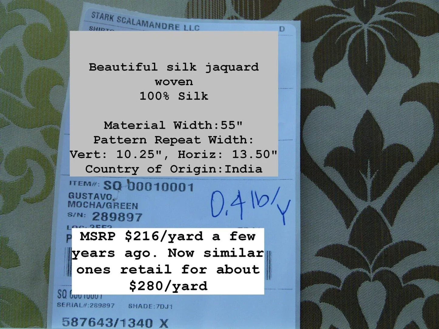 Scalamandre Gustavo Silk Damask Jacquard MSRP USD 216/Y Fonthill Mocha Green Old World Weavers