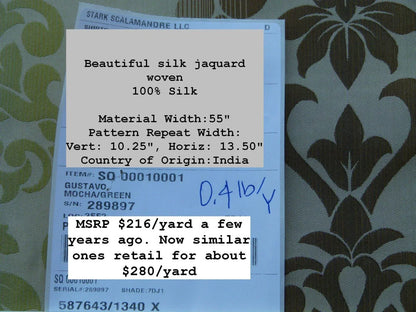 Scalamandre Gustavo Silk Damask Jacquard MSRP USD 216/Y Fonthill Mocha Green Old World Weavers