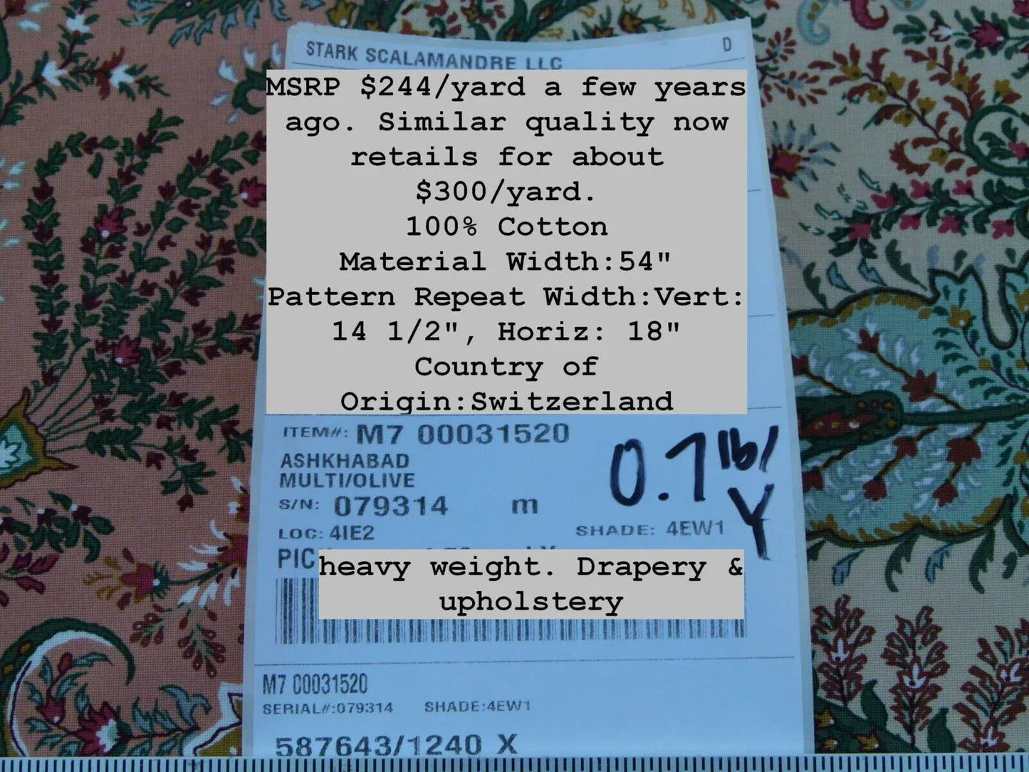 Scalamandre Ashkhabad Grey Watkins Multi On Olive Green Arabesque Paisley Old World Weavers Print MSRP USD 244/Y