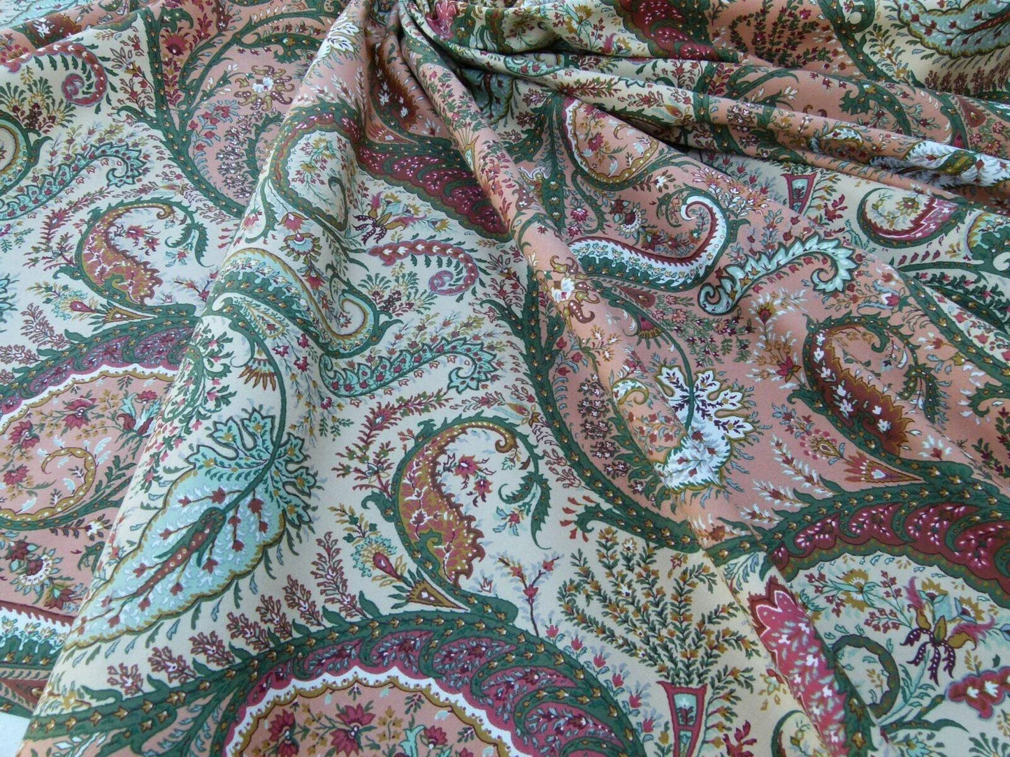 Scalamandre Ashkhabad Grey Watkins Multi On Olive Green Arabesque Paisley Old World Weavers Print MSRP USD 244/Y