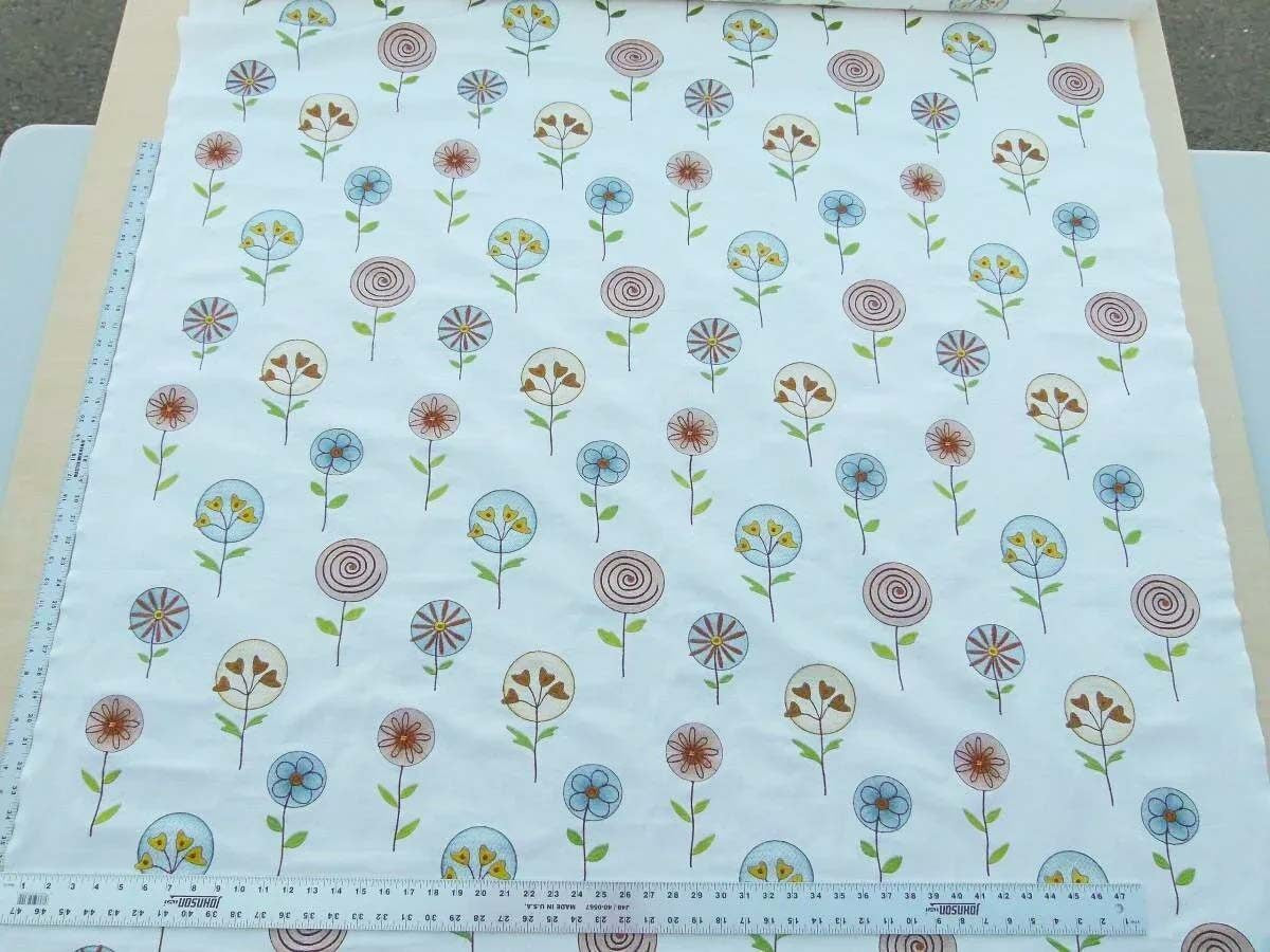 Scalamandre Fancy Work Teal Rust Red On White Modern Flower Power Embroidery MSRP USD 200/yard Old World Weavers