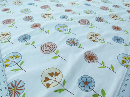 Scalamandre Fancy Work Teal Rust Red On White Modern Flower Power Embroidery MSRP USD 200/yard Old World Weavers