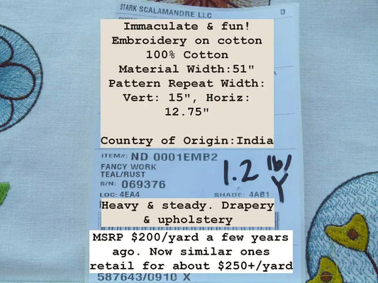 Scalamandre Fancy Work Teal Rust Red On White Modern Flower Power Embroidery MSRP USD 200/yard Old World Weavers