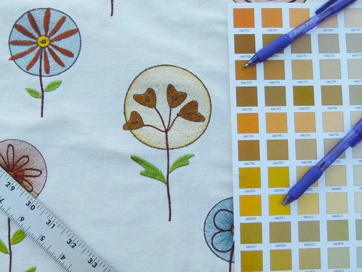 Scalamandre Fancy Work Teal Rust Red On White Modern Flower Power Embroidery MSRP USD 200/yard Old World Weavers