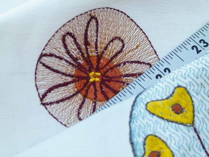 Scalamandre Fancy Work Teal Rust Red On White Modern Flower Power Embroidery MSRP USD 200/yard Old World Weavers