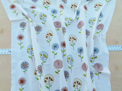 Scalamandre Fancy Work Teal Rust Red On White Modern Flower Power Embroidery MSRP USD 200/yard Old World Weavers