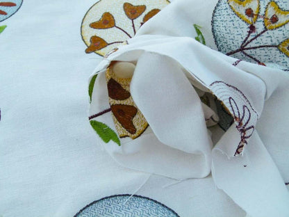 Scalamandre Fancy Work Teal Rust Red On White Modern Flower Power Embroidery MSRP USD 200/yard Old World Weavers