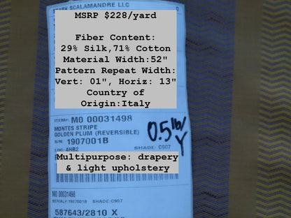 Scalamandre Montes Stripe Grey Watkins Golden Plum (reversible) Silk Stripe  MSRP USD 228/Y