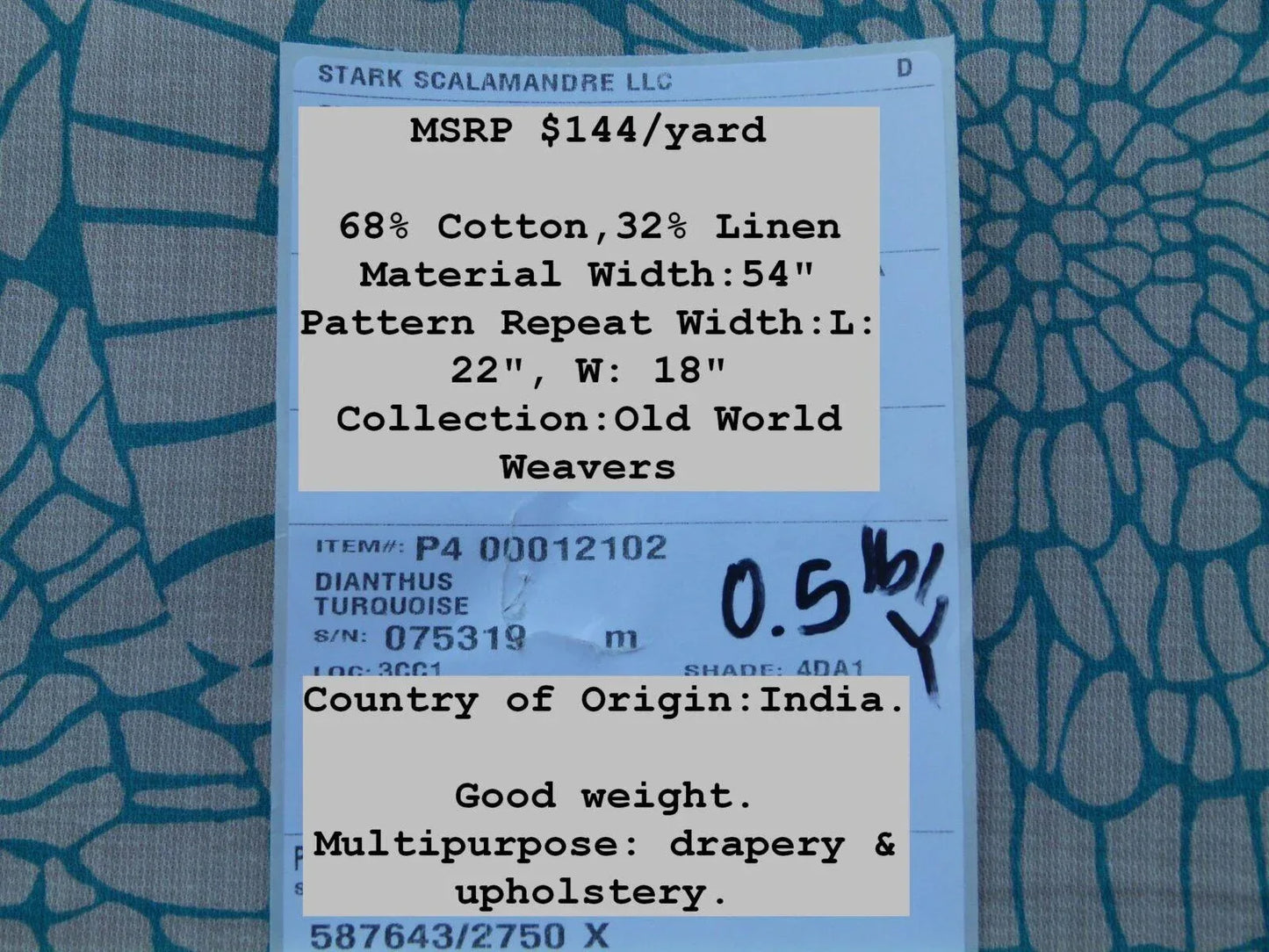 Scalamandre Dianthus Turquoise Blue Print Mid-century MSRP USD 144/Y Flower Print  Old World Weavers Cotton Linen