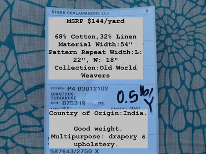 Scalamandre Dianthus Turquoise Blue Print Mid-century MSRP USD 144/Y Flower Print  Old World Weavers Cotton Linen