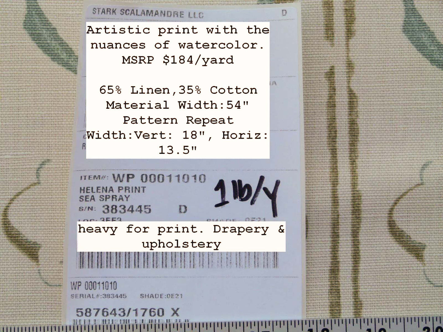 Scalamandre Helena Print Sea Spray Blue on Cream Ikat Ancient Ruins Linen MSRP USD 184/Y  Old World Weavers