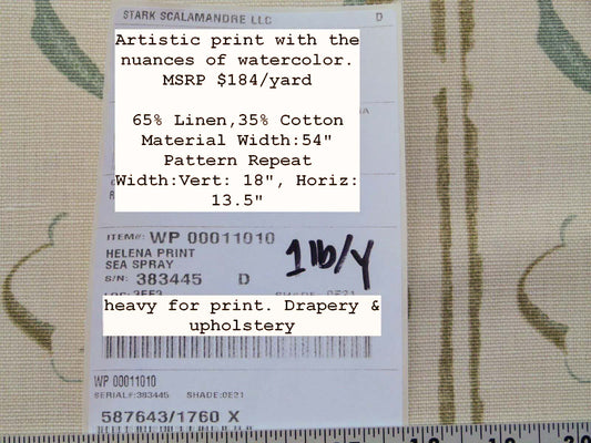 Scalamandre Helena Print Sea Spray Blue on Cream Ikat Ancient Ruins Linen MSRP USD 184/Y  Old World Weavers