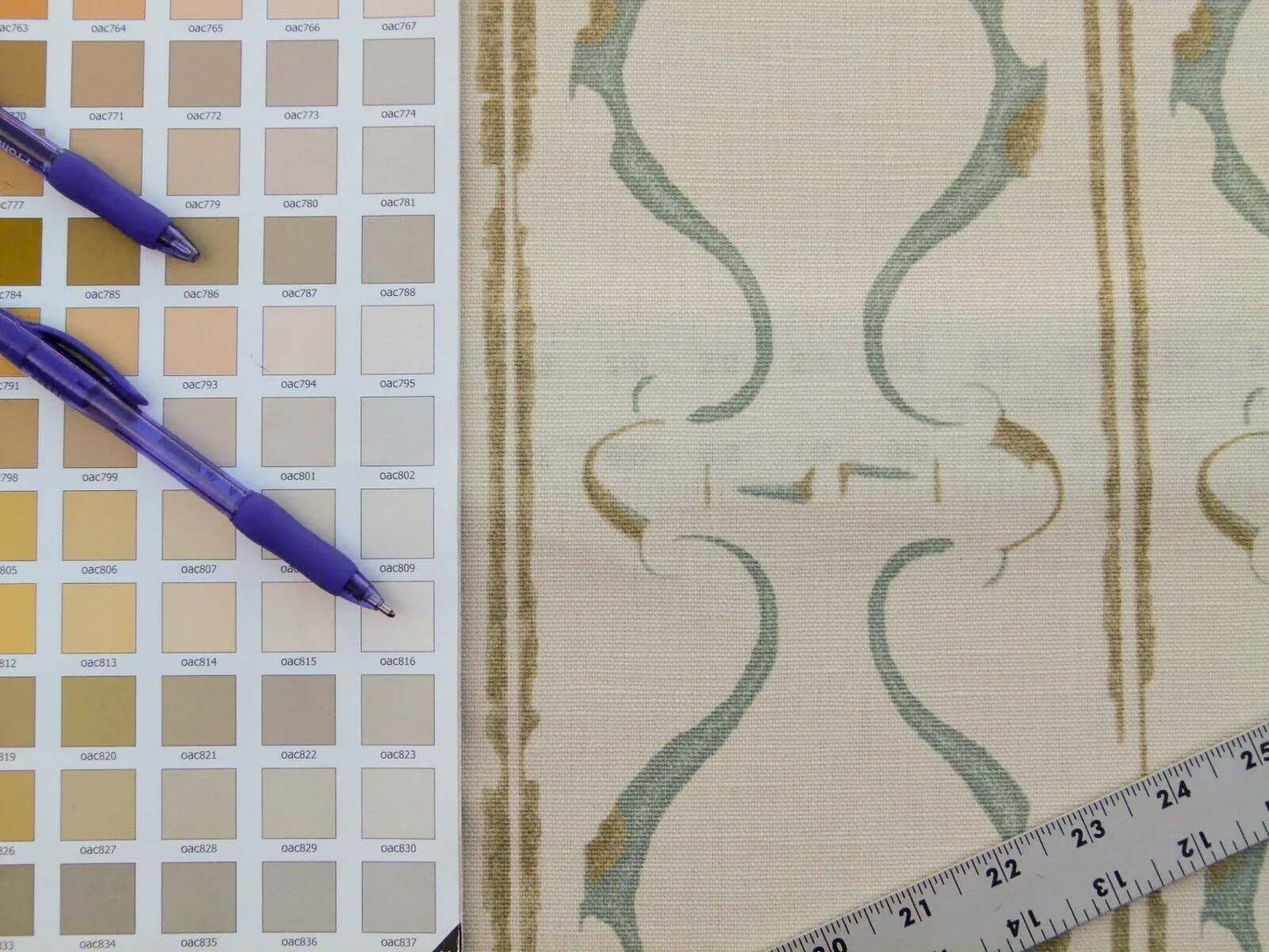 Scalamandre Helena Print Sea Spray Blue on Cream Ikat Ancient Ruins Linen MSRP USD 184/Y  Old World Weavers