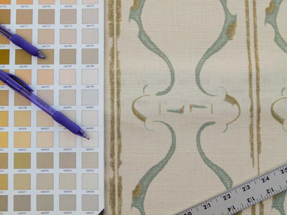 Scalamandre Helena Print Sea Spray Blue on Cream Ikat Ancient Ruins Linen MSRP USD 184/Y  Old World Weavers