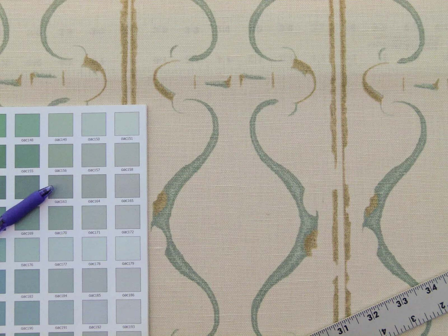 Scalamandre Helena Print Sea Spray Blue on Cream Ikat Ancient Ruins Linen MSRP USD 184/Y  Old World Weavers