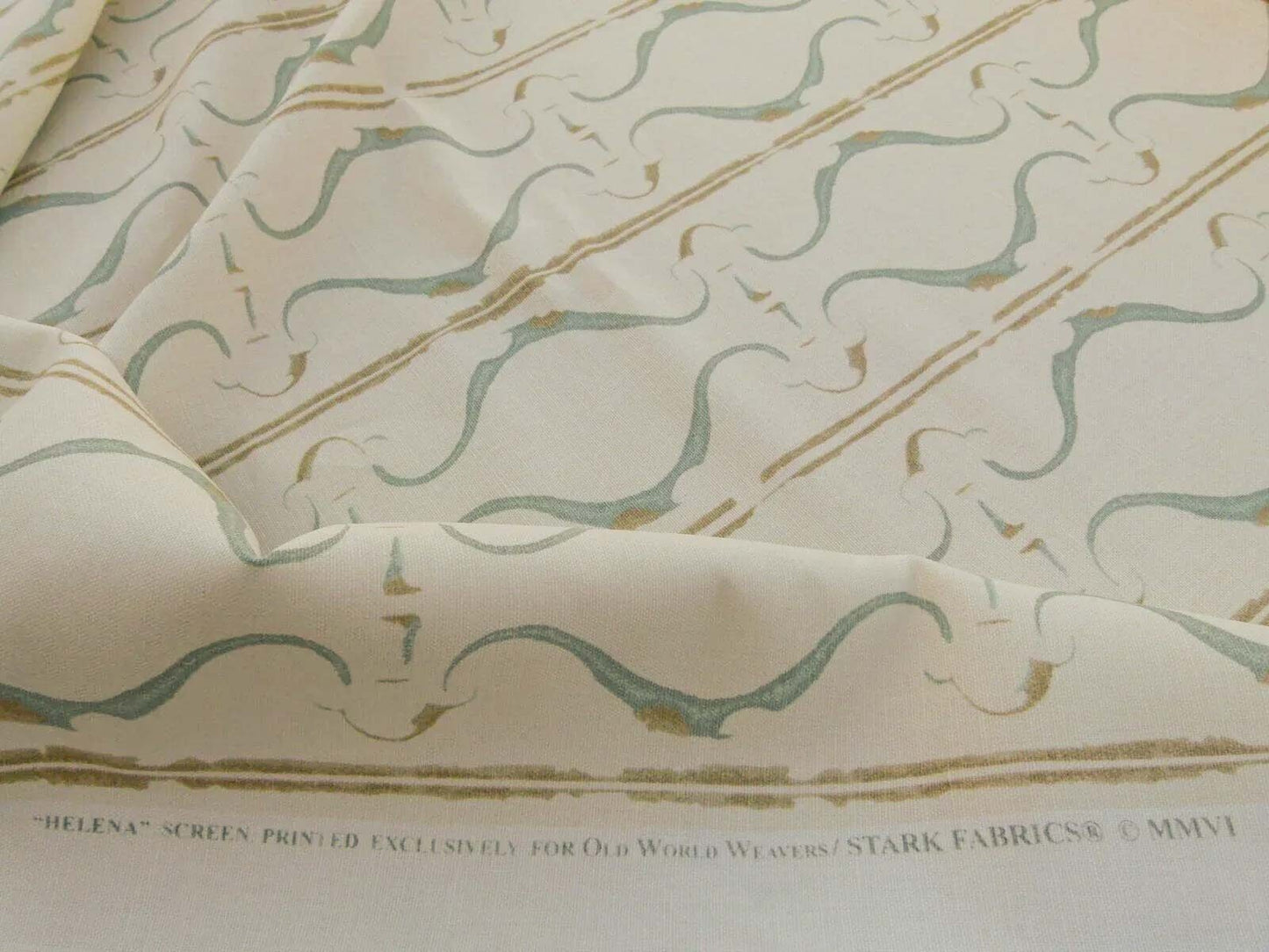 Scalamandre Helena Print Sea Spray Blue on Cream Ikat Ancient Ruins Linen MSRP USD 184/Y  Old World Weavers