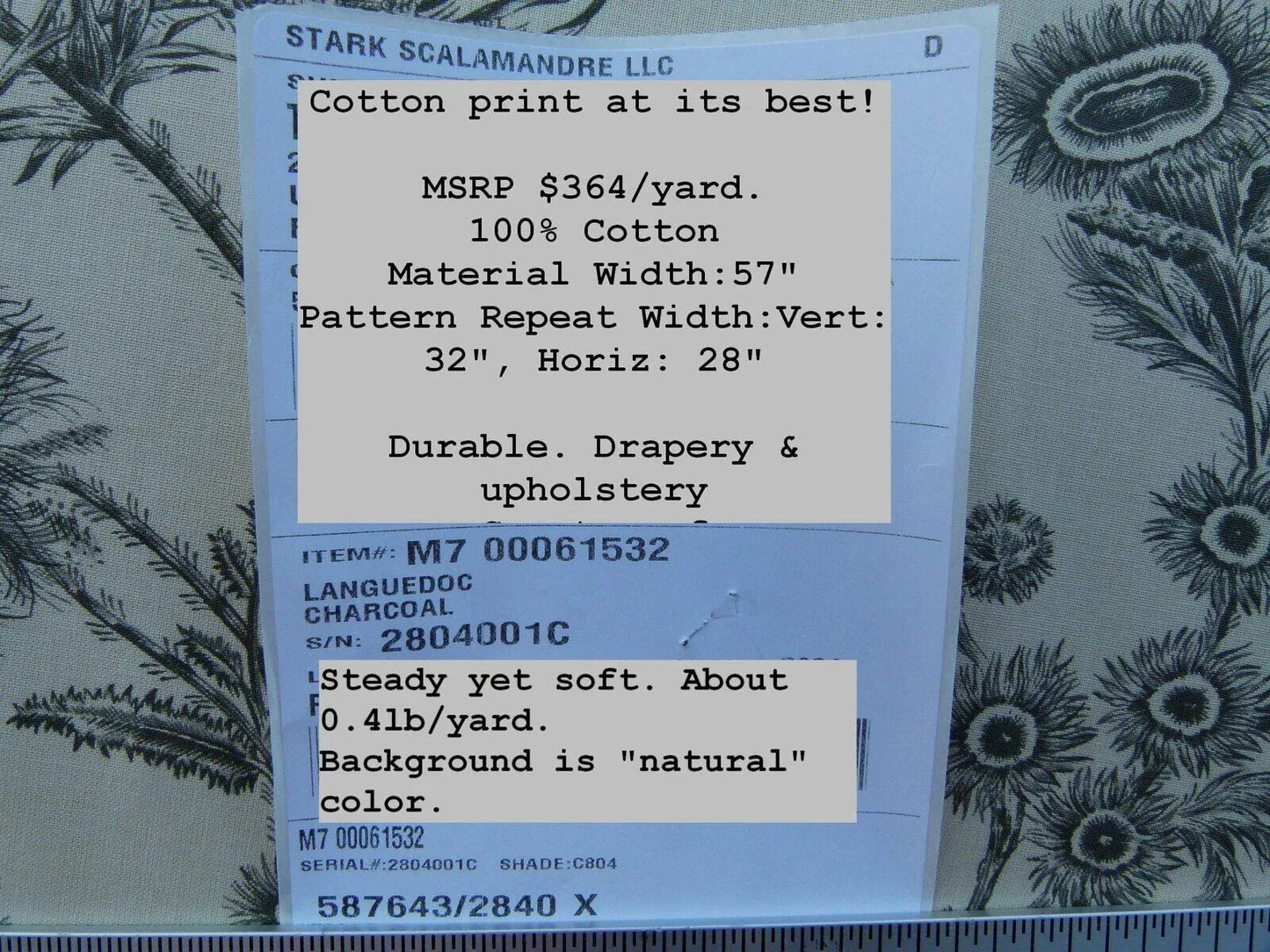 By Yd Scalamandre Grey Watkins Languedoc Charcoal Black White Botanic Fern and Thistle Southern France Toile Circa 1790 MSRP USD 364/y