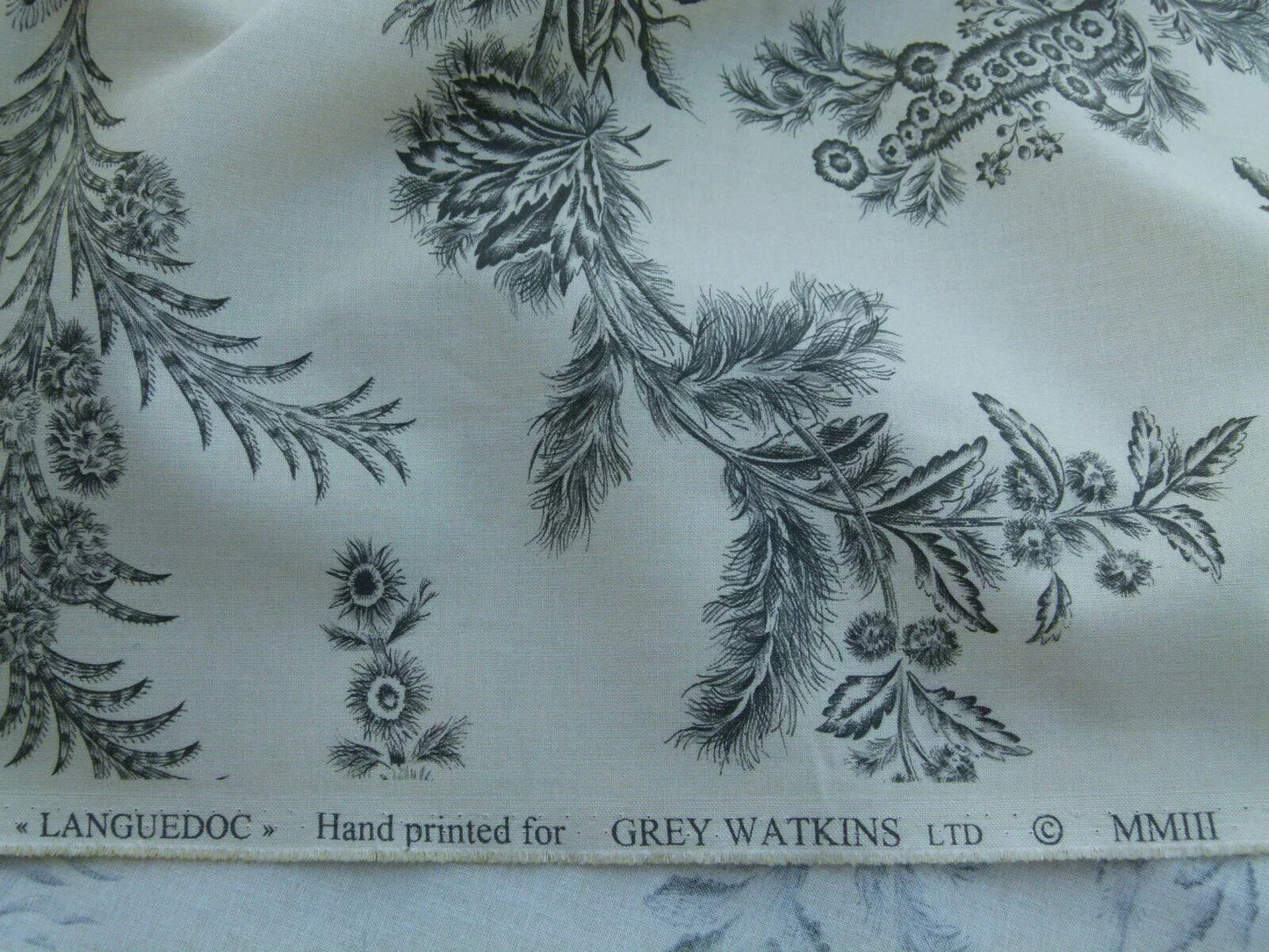 By Yd Scalamandre Grey Watkins Languedoc Charcoal Black White Botanic Fern and Thistle Southern France Toile Circa 1790 MSRP USD 364/y