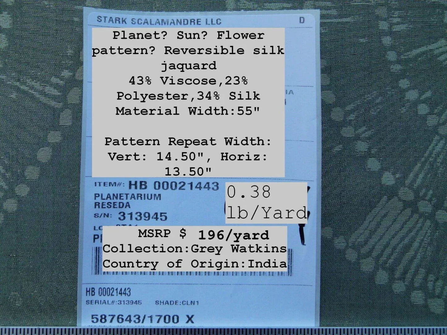 Scalamandre Planetarium Reseda Grey Pale Green Silk Lampas Astronomic Cosmic Flora Stars MSRP USD 196/yard Old World Weavers